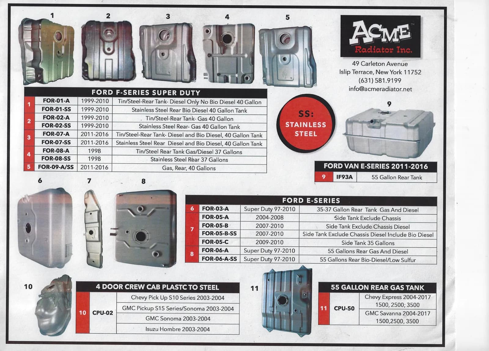 Acme Radiator flier of new steel fuel tanks for Ford, Chevy and GMC light trucks and vans
