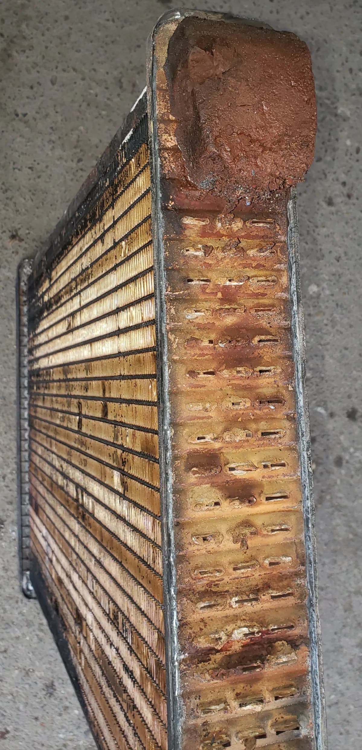 Corrosion and rust built up inside a GM radiator