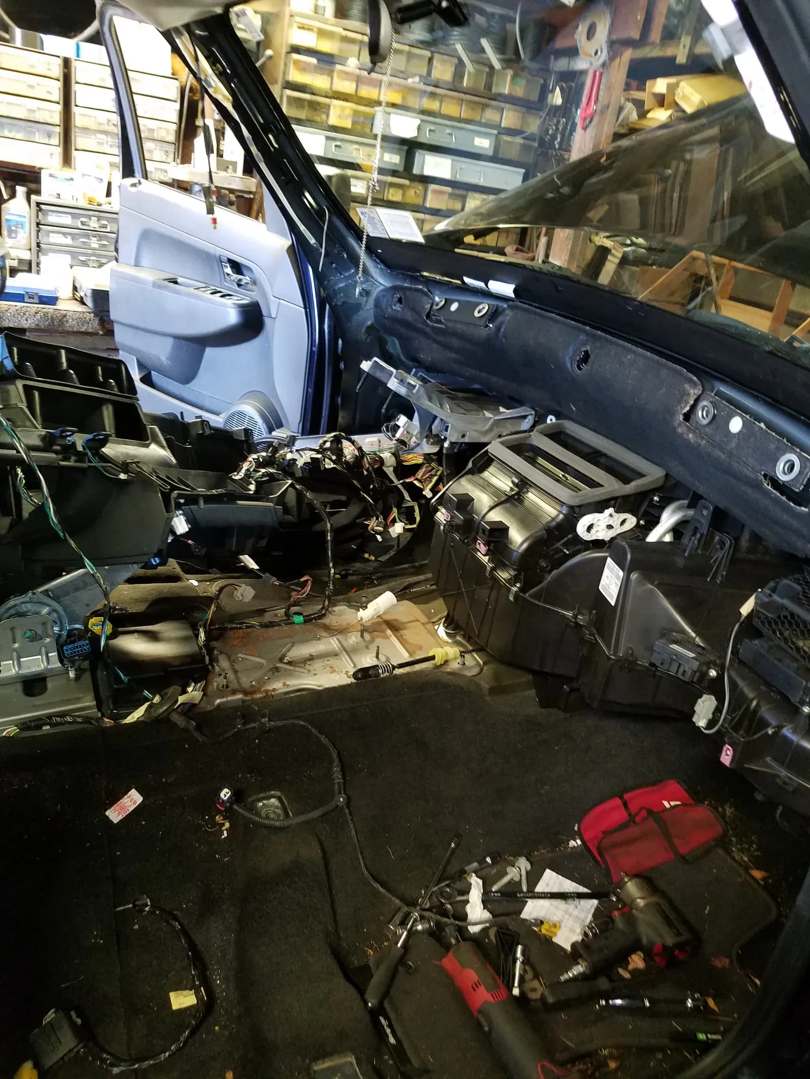 Jeep Liberty with the dash disassembled to access and replace the heater core