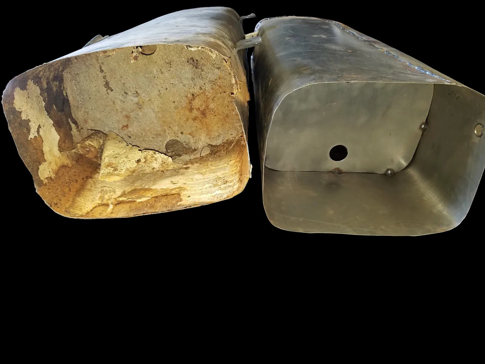 This 1925 REO Speedwagon gas tank (left) couldn't be saved, so we built a new one to replace it (right)